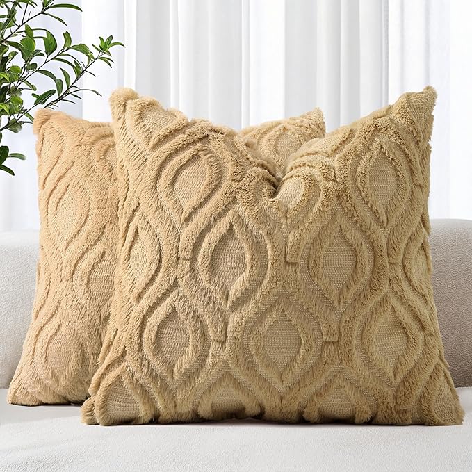 decorUhome Throw Pillow Covers 18x18 Inch Set of 2, Soft Plush Faux Wool Khaki Solid Couch Pillow Covers, Accent Farmhouse Neutral Square Pillow Cases for Sofa Bed Living Room