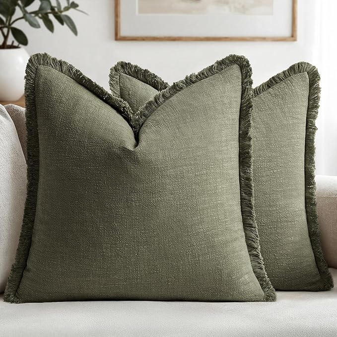 MIULEE Decorative Throw Pillow Covers Neutral Linen Fringe Throw Pillows Euro Shams Set of 2 Olive Green Boho Farmhouse Cushion Covers for Couch Sofa Bed Living Room Spring Home Decor 26x26 Inch