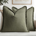 MIULEE Decorative Throw Pillow Covers Neutral Linen Fringe Throw Pillows Euro Shams Set of 2 Olive Green Boho Farmhouse Cushion Covers for Couch Sofa Bed Living Room Spring Home Decor 26x26 Inch