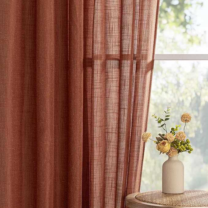 MYSKY HOME Extra Long Curtains for Living Room 96 Inches Light Filtering Semi Sheer Sliding Door Curtains Bedroom Window Drapes Privacy Back Tab Farmhouse Boho Modern, Terracotta, 50" x 96", 2 Panels