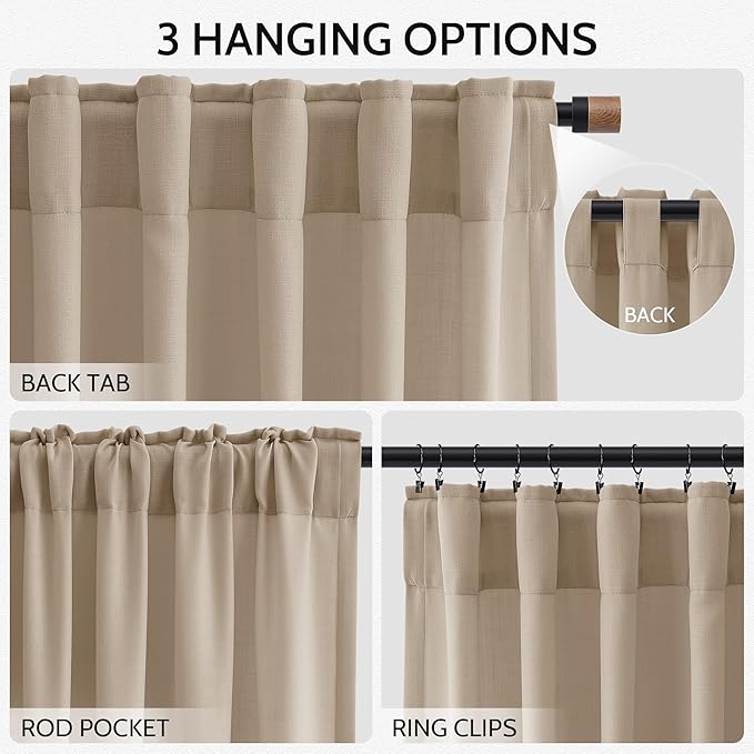 Sepia Beige Linen Curtains 108 Inches Long for Living Room Farmhouse Decor Light Filtering Semi Sheer Curtain Back Tab Rod Pocket Neutral Floor to Ceiling High Window for Bedroom 52x108, 2 Panels