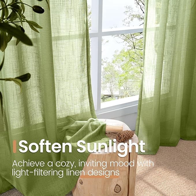 BGment Green Linen Curtains 45 Inch Length for Kitchen Cafe Window - Short Semi Sheer Natural Textured Drapes Rod Pocket Rustic for Small Living Dining Room Lightweight, 2 Panels Set, 42 X 45 Inch