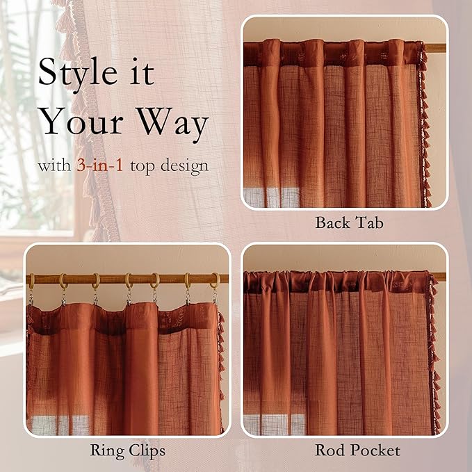 MYSKY HOME Boho Country Room Decor Long Curtains for Living Room,Light Filtering Privacy Protect Semi Sheer Macrame Curtains for Sliding Glass Patio Doorways, 50" x 90", Terracotta, 2 Panels