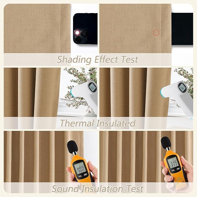Guken 100% Blackout Linen Curtains 120 Inch Length 2 Panels Set for Living Room Bedroom Back Tab Thermal Insulated Black Out Linen Drapes Room Darkening Window Curtains,Camel Brown