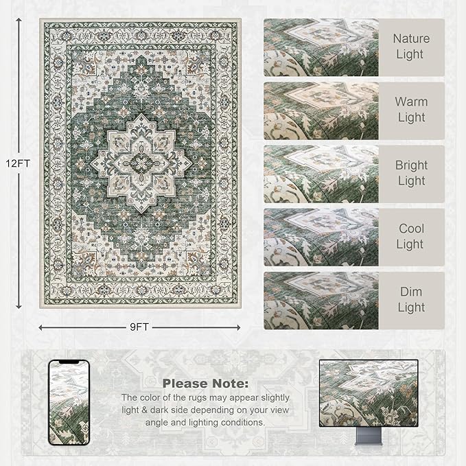 Area Rugs 9x12 Living Room Rug: Washable Rug Soft Vintage Boho Medallion Carpet Indoor Non-Slip Stain Resistant Large Carpets for Bedroom Dining Room Farmhouse Nursery Home Office Green Ivory