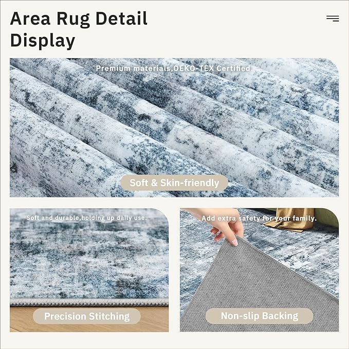 Runner Rug 2'6" x 16' Washable Non-Slip 2.5x16 ft Long Runner Rugs for Kitchen Bathroom Laundry Room Vintage Ultra Thin Runners for Hallway Entryway Blue/Grey