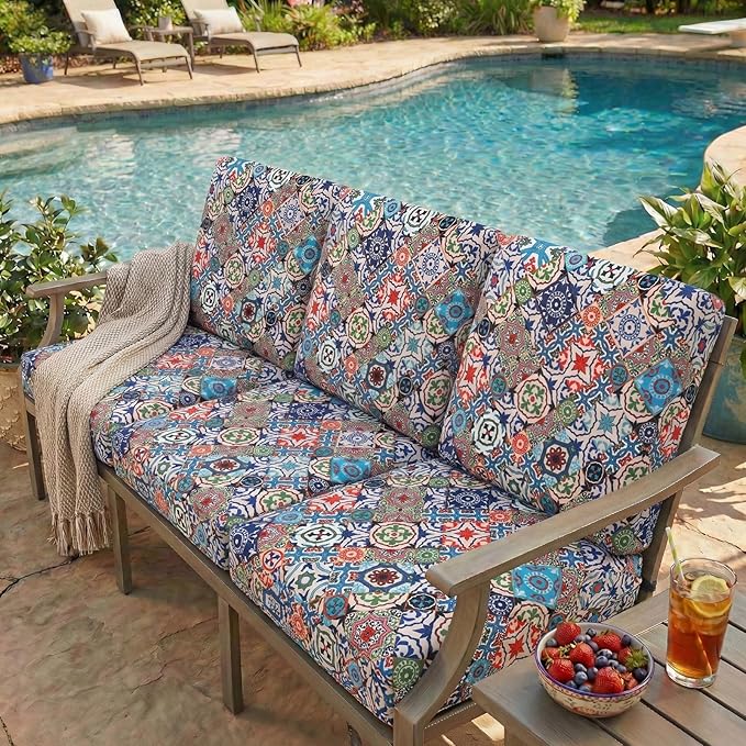 hyha Printed Couch Cushion Covers, Floral Sofa Covers Washable for 3 Cushion Couch, Stretch Pattern Outdoor Cushion Covers for Patio Furniture with Elastic Bottom(3 Packs, Patchwork Moroccan)