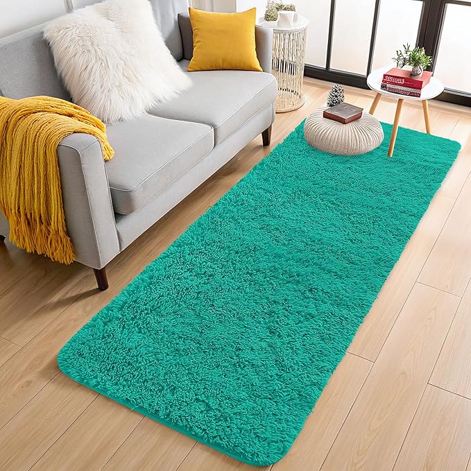 OLANLY 2x5 Machine Washable Runner Rugs for Hallway, Soft Fluffy Shaggy Bedside Rugs for Bedroom, Living Room, Indoor Floor Carpet for Kids Girls and Boys, Home Decor Aesthetic, Teal Green