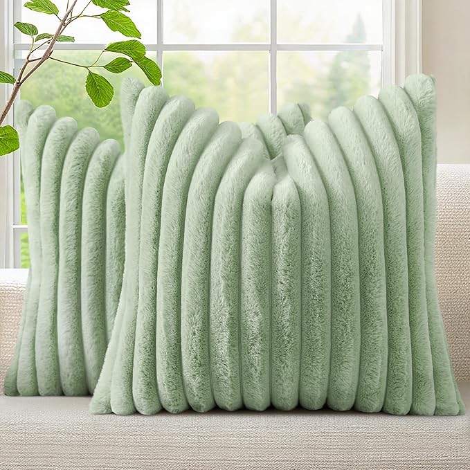 decorUhome Summer Cozy Faux Fur Throw Pillow Covers 20x20 Set of 2 Decorative Soft Plush Striped Modern Farmhouse Boho Couch Pillow Cases with Velvet Back for Sofa Bed Living Room, Sage Green