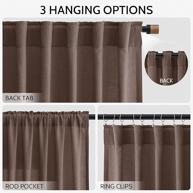 Nanspring Cappuccino Linen Blend Light Filtering Back Tab Curtains 96 Inches Long, Semi Sheer Privacy Drapes for Living Room & Bedroom, 52x96 inch, 2 Panels