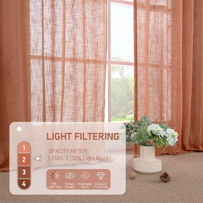 LAMIT 95 Inches Long Terracotta Linen Curtains for Living Room, Back Tab and Rod Pocket Linen Textured Curtains Light Filtering Boho Drapes for Bedroom/Dining Room, Set of 2, 52 x 95 Inch