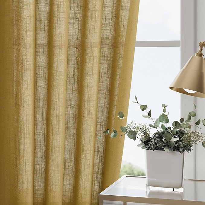 Extra Long Gold Linen Curtains 120 Inch for Living Room 2 Panels Set Rod Pocket Back Tab Light Filtering Semi Sheer Linen Window Drapes Privacy High Ceiling Drapes for Farmhouse 52x120