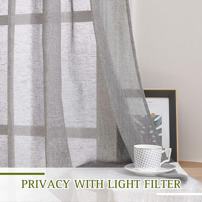 NICETOWN Sheer Curtains Flax Texture for Bedroom, Vintage Grommet Top Linen Textured Semitransparent Privacy Window Treatment Light Filter for Living Room, 52" W x 84" L, Set of 2, Charcoal Grey