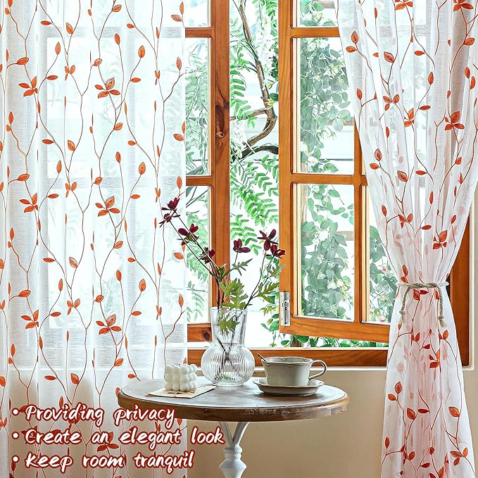 AmHoo 2 Panels Embroidered Leaf Pattern Semi Sheer Curtains Foliage Floral Voile Window Draperies Treatment for Bedroom Living Room Rod Pocket White Burnt Orange 53 x 84 Inch