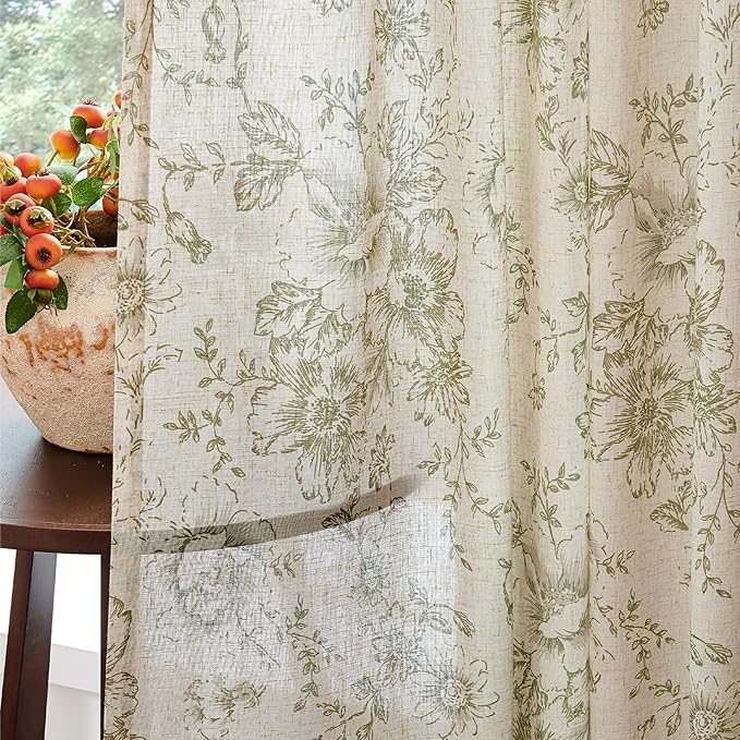 jinchan Linen Blend Floral Curtains for Living Room 45 Inch Length Farmhouse Printed Curtain Rod Pocket Back Tab Sage Green Peony Flower Patterned Drapes Bedroom Curtains Set 2 Panels