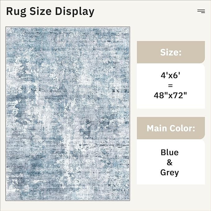Soalmost Area Rugs 4x6 for Living Room, Vintage Abstract Washable Rugs for Dining Room, Kitchen, Non-Slip Area Rug Blue
