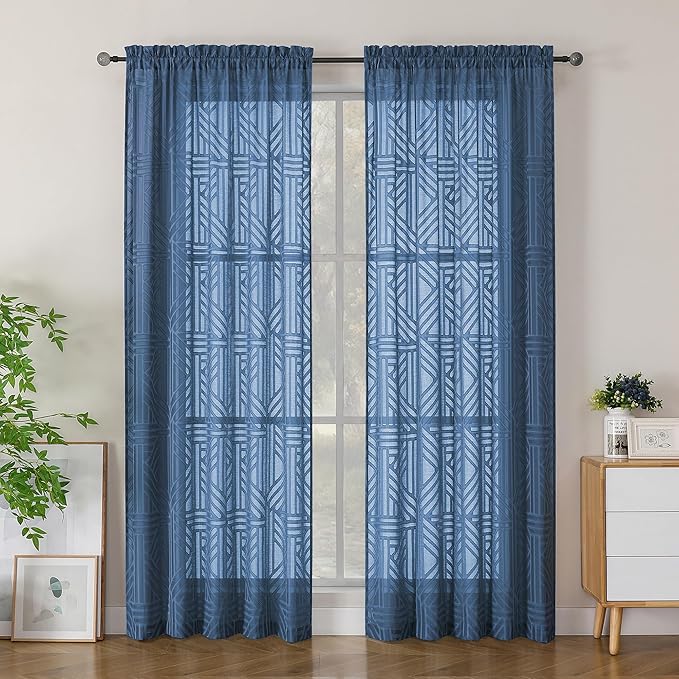 Simplebrand Semi Sheer Dusty Blue Curtains 84 Inches Long 2 Panels, Light Filtering Geometric Jacquard Clip Textured Sheer Curtains for Bedroom，Modern Elegant Window Curtains Drapes，52x84 inch