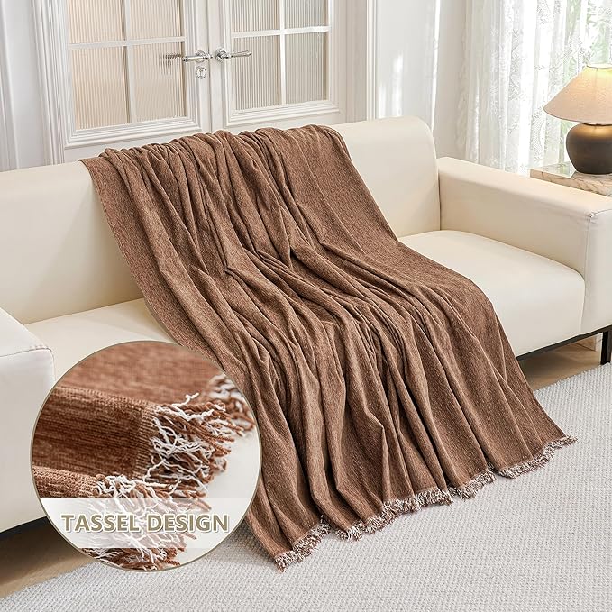 MYSKY HOME Couch Covers for 2 Cushion Couch Sectional Sofa, L Shape Sofa Protector Camel Chenille Couch Cover, Sofa Covers Washable Blanket with Tassel Pet Couch Cushion Cover, 71"X102"