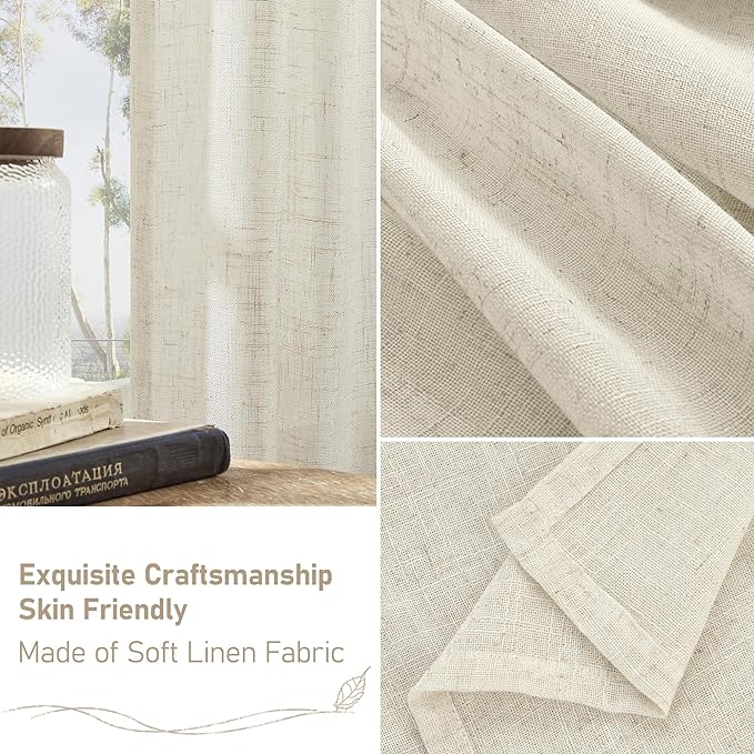 LAMIT Natural Linen Semi Sheer Curtains 63 Inch for Bedroom, Light Filtering Neutral Window Curtains Farmhouse Boho Bronze Grommet Panels, Natural Cream Ivory, 2 Panels, 38 x 63 Inch