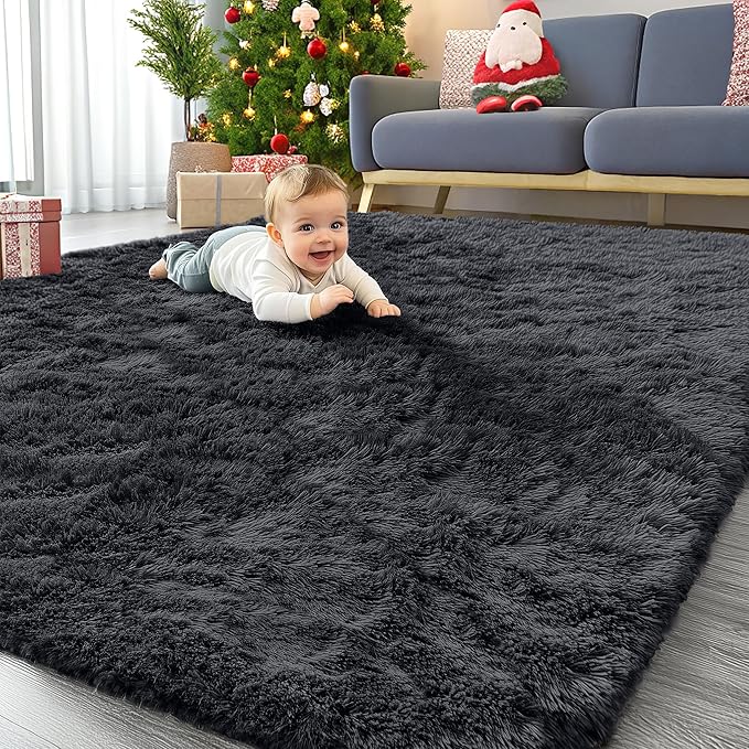 OLANLY 7x9 Machine Washable Large Area Rugs for Living Room, Bedroom, Soft Fluffy Shaggy Bedside Rug, Indoor Floor Carpet for Kids Girls and Boys, Dorms, Nursery, Home Decor Aesthetic, Black