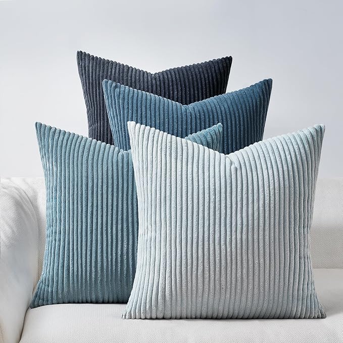 Topfinel BlueGray Throw Pillow Covers 24x24 Inch Set of 4,Soft Accent Corduroy Decorative Cushion Cover,Square Modern Pillow Case for Beach,Patio,Balcony,Living Room,Summer Gradient Shams Home Decor