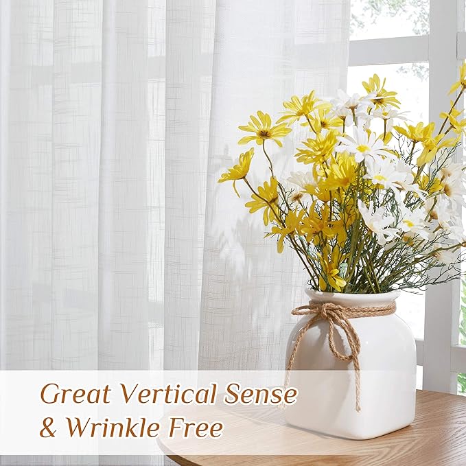 NICETOWN White Linen Sheer Bedroom Curtains 90 inches Long, Rod Pocket & Back Tab Semi Sheer Privacy with Light Filtering Bedroom Window Treatments for Farmhouse, W42 x L90, 2 Panels