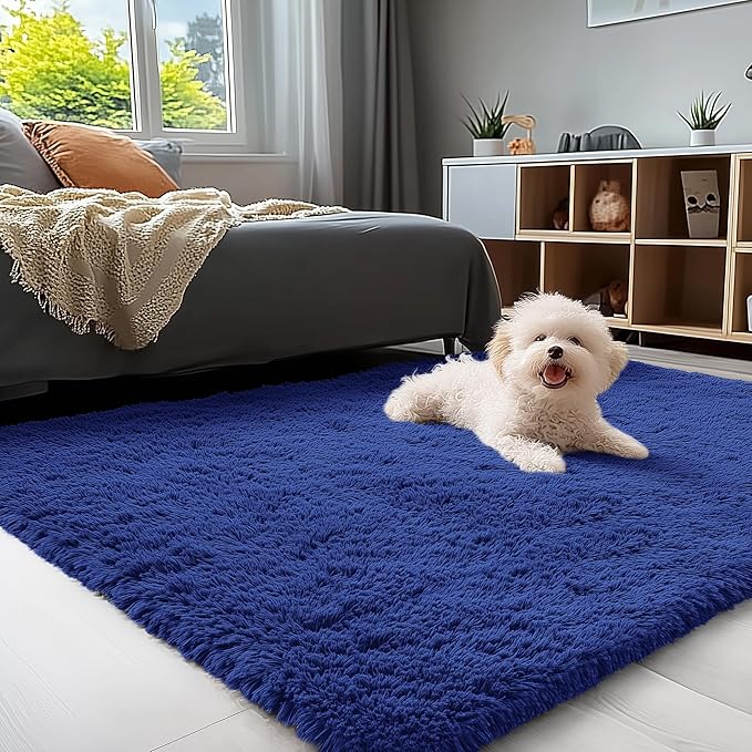 OLANLY 3x4 Machine Washable Accent Rug, Soft Fluffy Shaggy Area Rug for Bedroom, Living Room, Indoor Floor Carpet for Kids, Nursery, Home Decor, Navy Blue