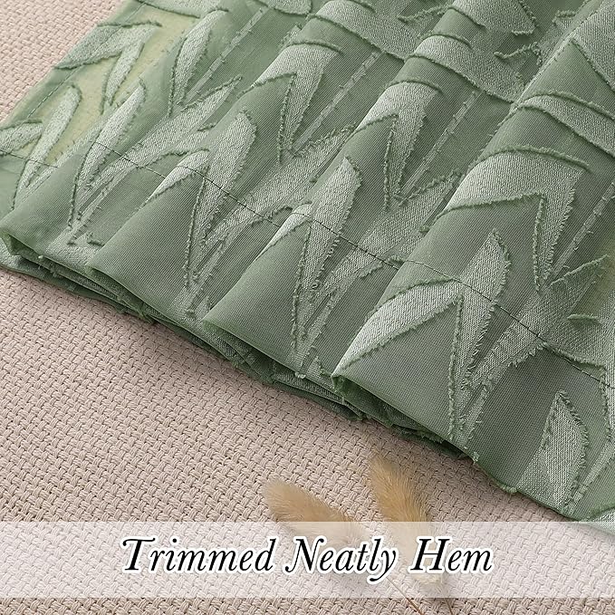 Lecloud Leia 14 Inch Sage Valance for Window Green Sheer Curtains 2 PCS, Jacquard Texture Leaves Semi Voile Living Room Curtain for Small Window, Dual Rod Pockets Bedroom Kitchen Valance, 38W x 14L