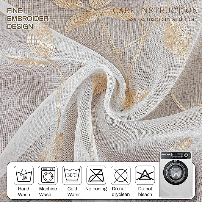 AmHoo 2 Panels Embroidered Leaf Pattern Semi Sheer Curtains Foliage Floral Voile Window Draperies Treatment for Bedroom Living Room Rod Pocket White Beige 53 x 63 Inch