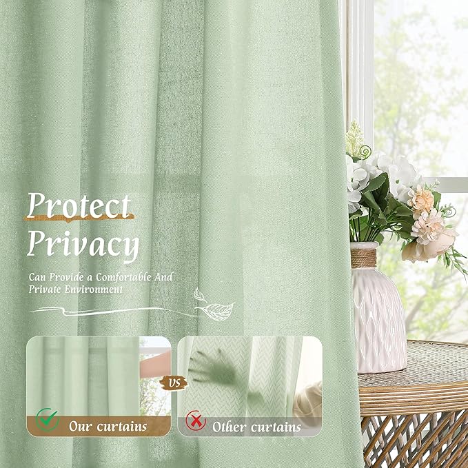 LAMIT Small Window Linen Curtains, 45 Inch Length Light Filtering Faux Linen Textured Neutral Decorative Rod Pocket Drapes for Bedroom, Light Green, 2 Panels Set, 42 X 45 Inch