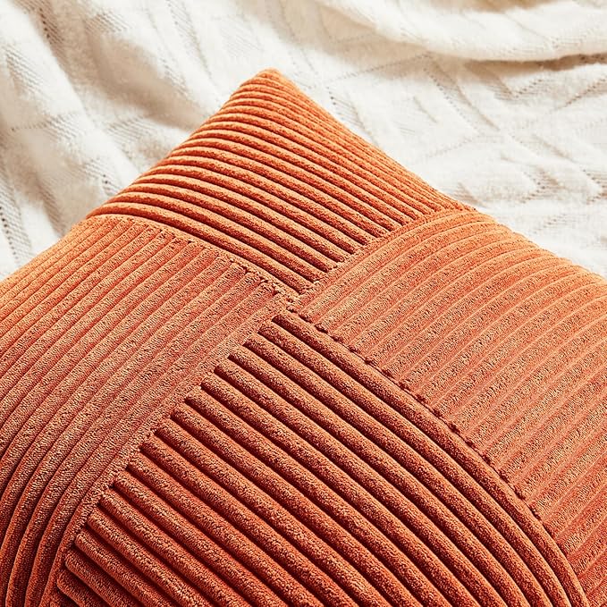 Fancy Homi Set of 2 Burnt Orange Samll Decorative Throw Pillow Covers 14x14 Inch for Living Room Couch Bed, Boho Farmhouse Fall Home Decor, Soft Corss Corduroy Patchwork Textured Cushion Case 35x35cm