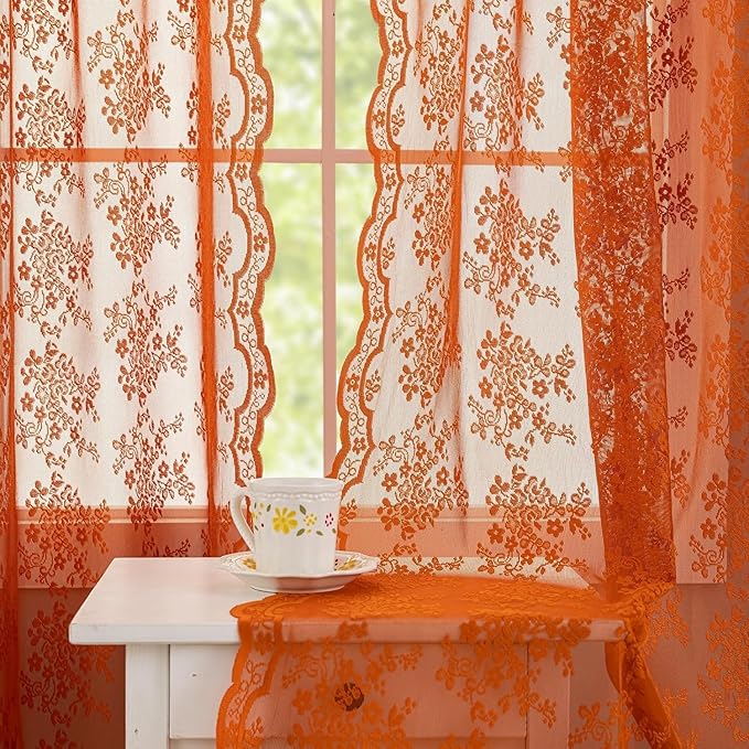 YJ YANJUN Vintage Lace Curtains 45 Inch Length- Burtnt Orange Fall Kitchen Curtains for Small Window Privacy Rustic Floral Short Boho Sheer Panels for Bathroom Living Room RV 2 Panels 52x45 Orange