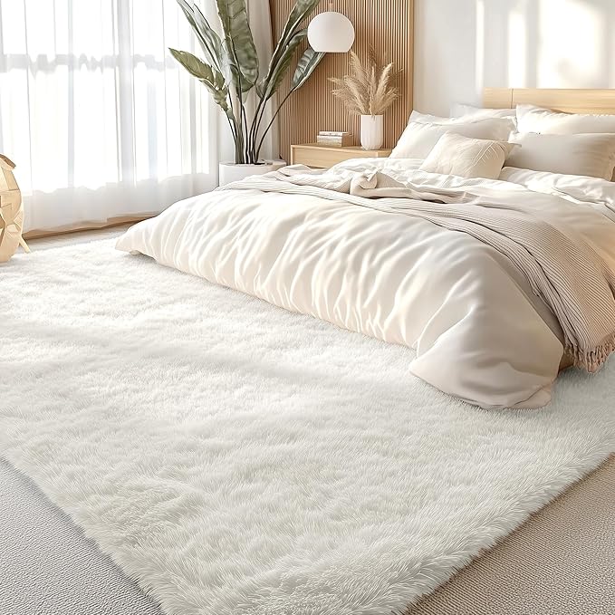 OLANLY 5x8 Machine Washable Large Area Rugs for Living Room, Bedroom, Soft Fluffy Shaggy Bedside Rug, Indoor Floor Carpet for Kids Girls and Boys, Dorms, Nursery, Home Decor Aesthetic, Ivory