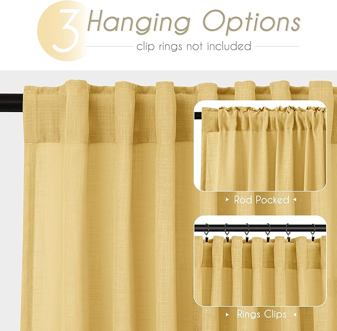Gold Curtains for Living Room Back Tab Modern Farmhouse Semi Sheer Curtains 90 inches Long 2 Panels Set Muted Neutral Window Curtain for Dining Room Bedroom 52x90