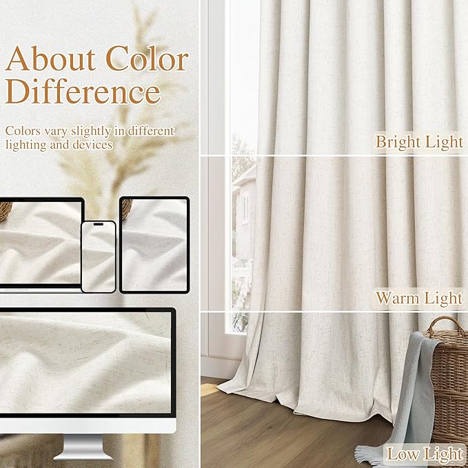 Guken Cream 100% Blackout Linen Curtains 104 Inch Length 2 Panels Set for Living Room Bedroom Back Tab Thermal Insulated Black Out Drapes Room Darkening Window Curtains