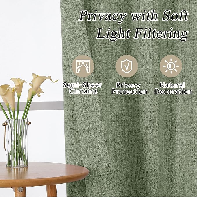 OVZME Green Valance for Windows, Light Filtering Faux Linen Textured Small Kitchen Valances for Windows, Dual Rod Pocket Farmhouse Short Curtain for Bathroom Basement, 60Wx22L inch, 1 Piece