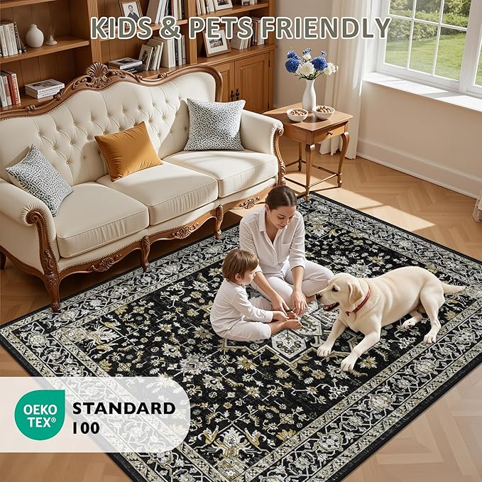 8x10 Area Rugs for Living Room: Washable Rug Soft Vintage Boho Medallion Carpet Indoor Non-Slip Stain Resistant Large Carpets for Bedroom Dining Room Farmhouse Nursery Home Office Black Gold