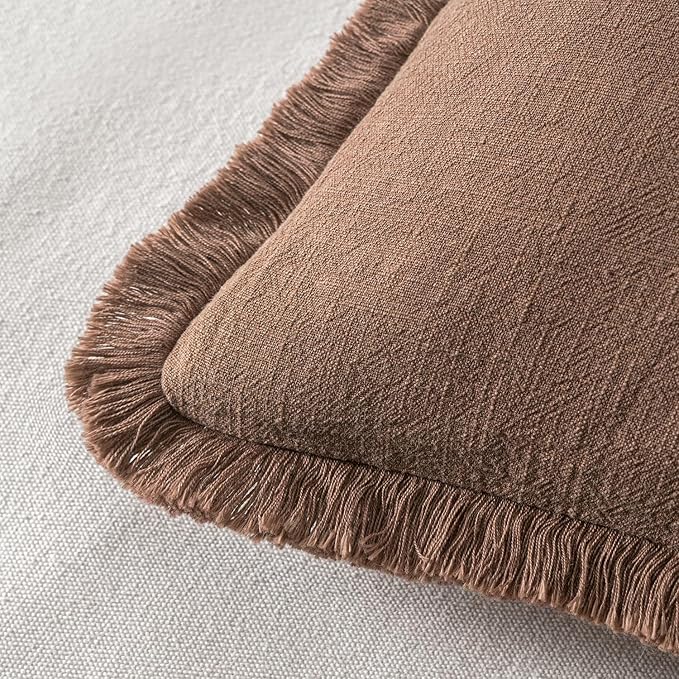 MIULEE Decorative Throw Pillow Covers Neutral Linen Fringe Throw Pillows Euro Shams Set of 2 Dark Coffee Boho Farmhouse Cushion Covers for Couch Sofa Bed Living Room Spring Home Decor 24x24 Inch
