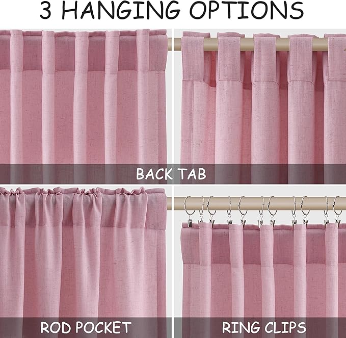 Nanspring Rose Linen Curtains 90 Inch Long 2 Panels Set Back Tab Rod Pocket Semi Sheer Light Filtering Boho Style Neutral Farmhouse Lightweight for Bedroom and Living Room 52x90