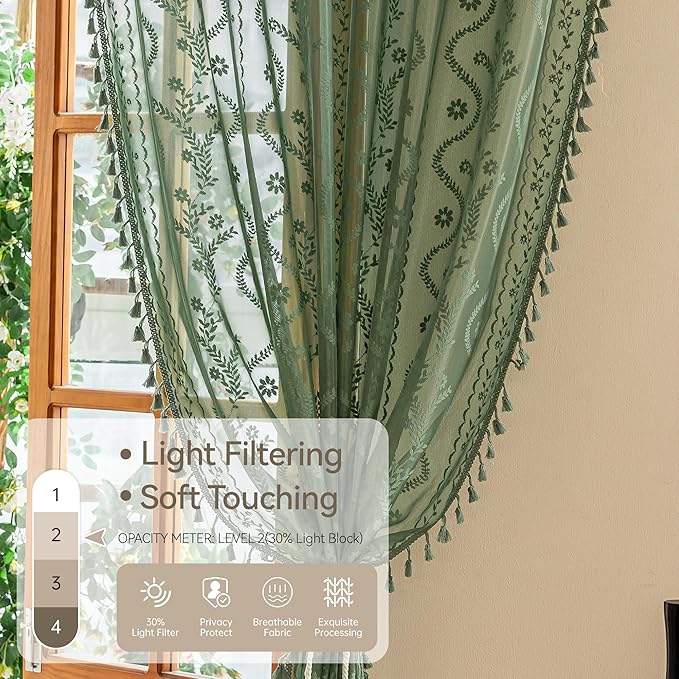 WAZZIO Boho Lace Curtains 2 Panels 63 Inches -Vintage Victorian Sheer Panel Drape French Country Floral Pattern & Tassel Light Filtering Privacy for Bedroom Dining Living Room,Dark Sage Green,W52x L63