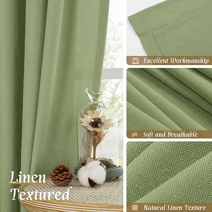 LAMIT Bedroom Linen Curtains 48 Inch Length 2 Panels, Soft Faux Linen Light Filtering Panels Rod Pocket Farmhouse Privacy Drapes for Kitchen/Window/Loft Room, 42 x 48 Inch, Sage Green