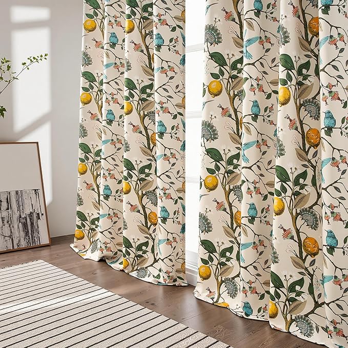 Topfinel Beige Vintage Floral Curtains 84 Inch Long Luxury Whimsical Euro Flower Lemon Hummingbird Patterned Waverly Mid Century Colorful Blackout Drapes for Living Room Bedroom