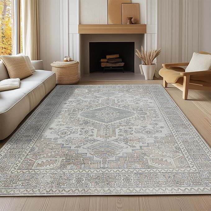 Machine Washable Rugs 6x9 Area Rugs for Living Room,Ultra Soft Low Pile Retro Rugs for Bedroom,Dining Room,Large Non Slip Carpet Vintage Distressed Accent Rug for Farmhouse Office Home Decor