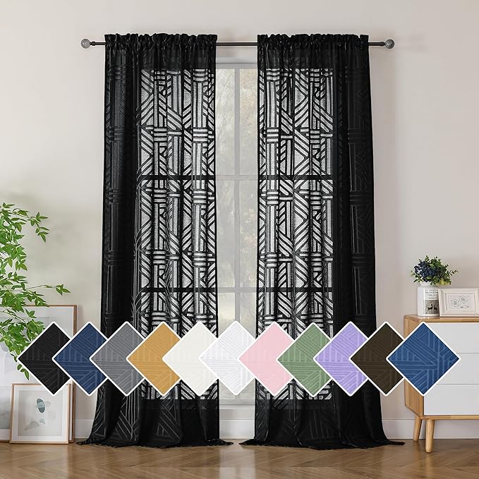 Simplebrand Black Semi Sheer Curtains 96 Inches Long 2 Panels, Light Filtering Geometric Jacquard Clip Textured Sheer Curtains for Living Room，Modern Elegant Window Curtains Drapes，42x96 inch