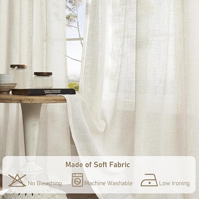 LAMIT Natural Linen Semi Sheer Curtains 63 Inch for Bedroom, Light Filtering Neutral Window Curtains Farmhouse Boho Back Tab and Rod Pocket Panels, Natural Cream Ivory, 2 Panels, 38 x 63 Inch