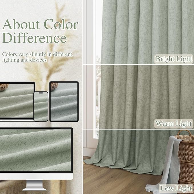 Guken 100% Blackout Curtains 100 Inch Length 2 Panels Set for Living Room Bedroom Back Tab Thermal Insulated Black Out Linen Drapes Room Darkening Window Curtains 100 Inches Long,Desert Sage