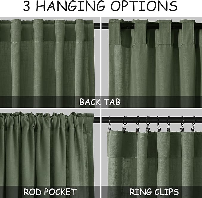 Nanspring 70 Inches Wide Olive Green Linen Curtains for Living Room 2 Panels Set 84 Inch Length Back Tab Light Filtering and Breathability Semi Sheer Curtain for Bedroom 70x84