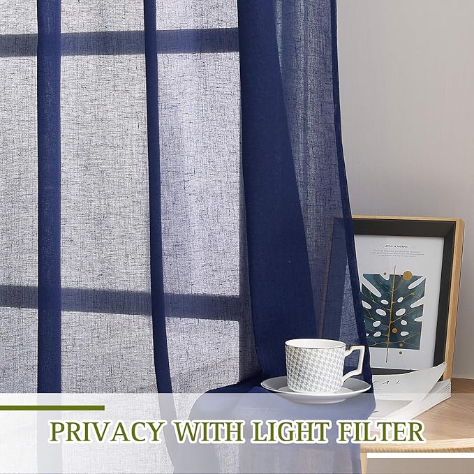 NICETOWN Living Room Curtains 63 inch Length, Grommet Semi Sheer Linen Curtains & Drapes Privacy with Light Filtering for Farmhouse/Bedroom, W36 x L63, Dark Blue, 2 Panels