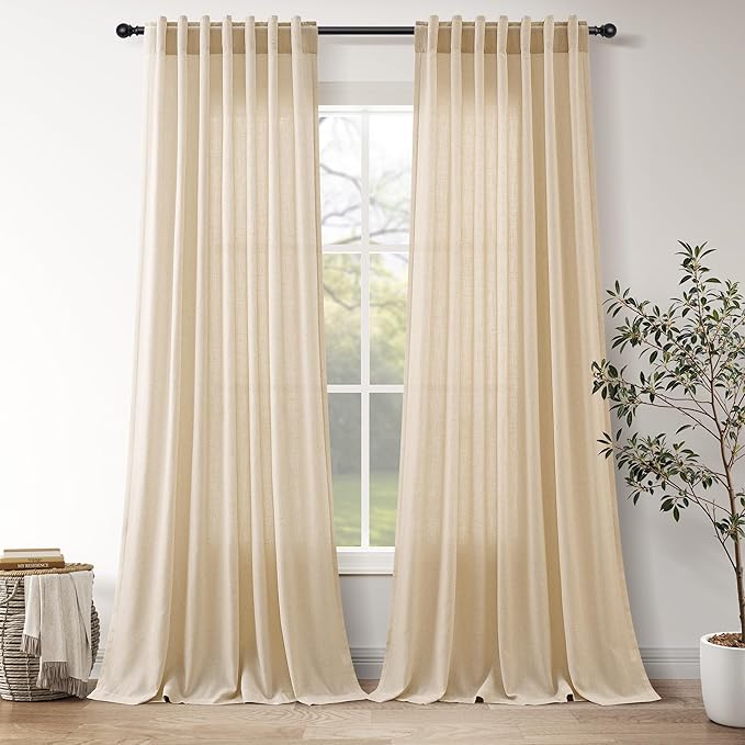 Tan Linen Curtains 90 Inch for Living Room Rod Pocket Back Tab Window Drapes Light Filtering Vintage Style Modern Farmhouse Curtain for Dining Room Bedroom 52x90,2 Panels