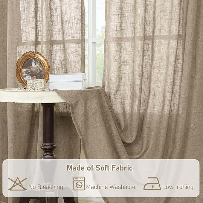 LAMIT Taupe Linen Curtains 30 Inch Length, Semi Sheer Light Filtering Window Panels Back Tab and Rod Pocket Drapes for Kitchen/Basement/Small Windows, 25 x 30 Inch, 2 Panels